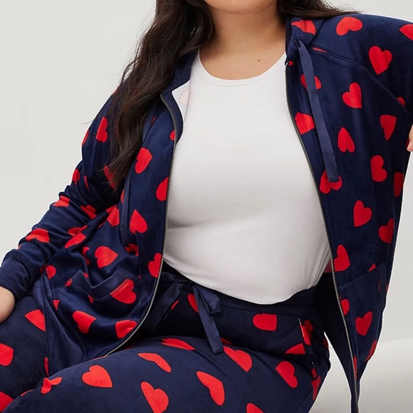 SET: Torrid Velour Hearts Navy & Red Zip Front Sleep Hoodie/Bootcut Pants 2X - Picture 2 of 16